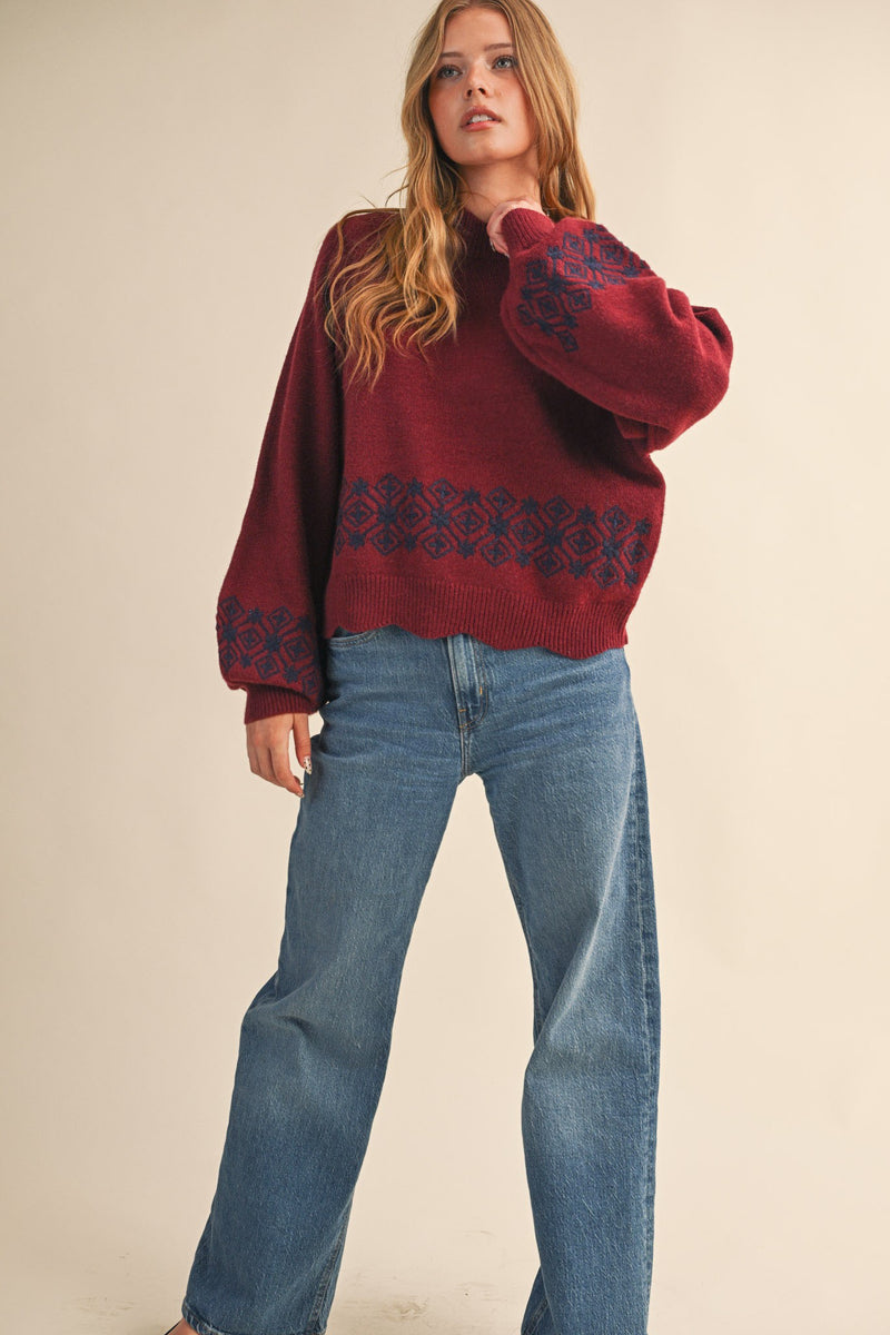 Ariana Scalloped Embroidered Sweater, Burgundy Navy