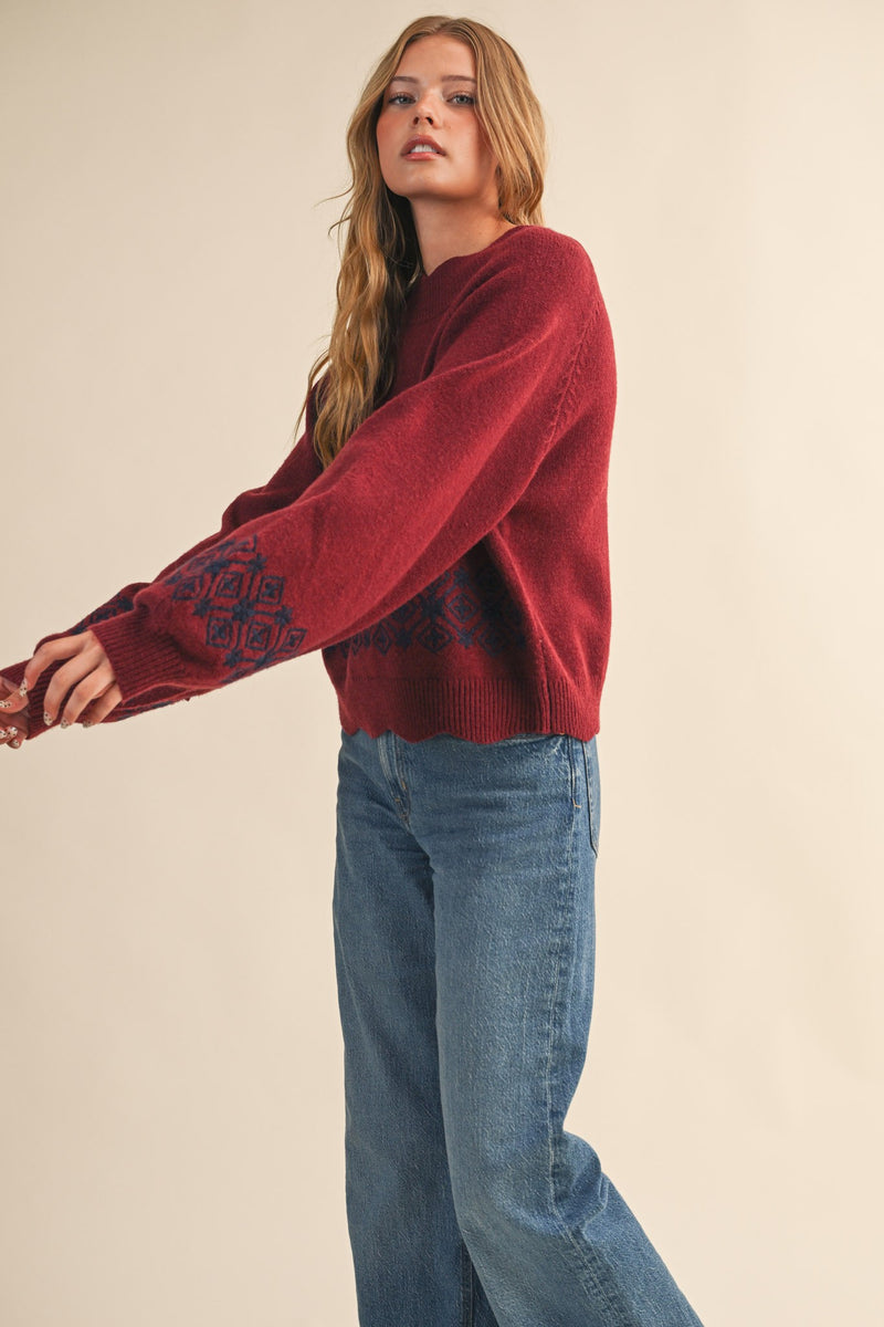 Ariana Scalloped Embroidered Sweater, Burgundy Navy