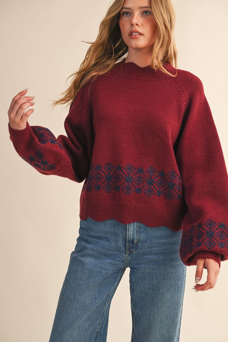 Ariana Scalloped Embroidered Sweater, Burgundy Navy