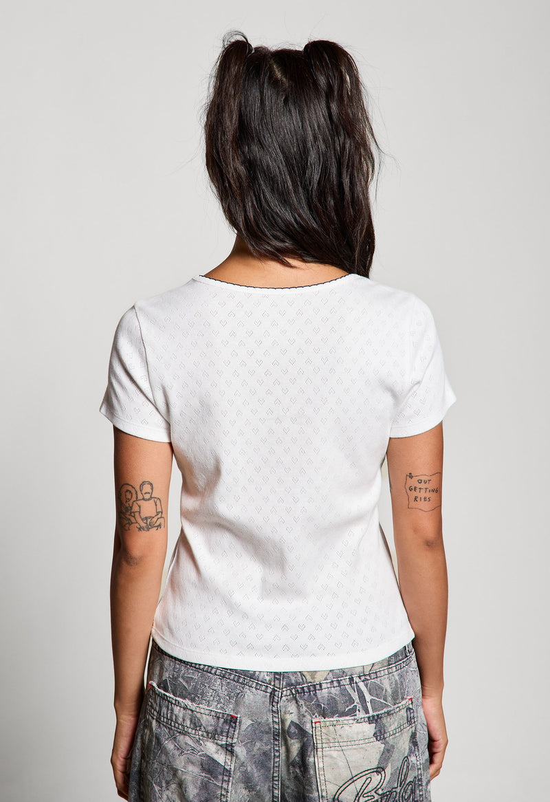 Blue Bow Embroidered Pointelle Top, Off White