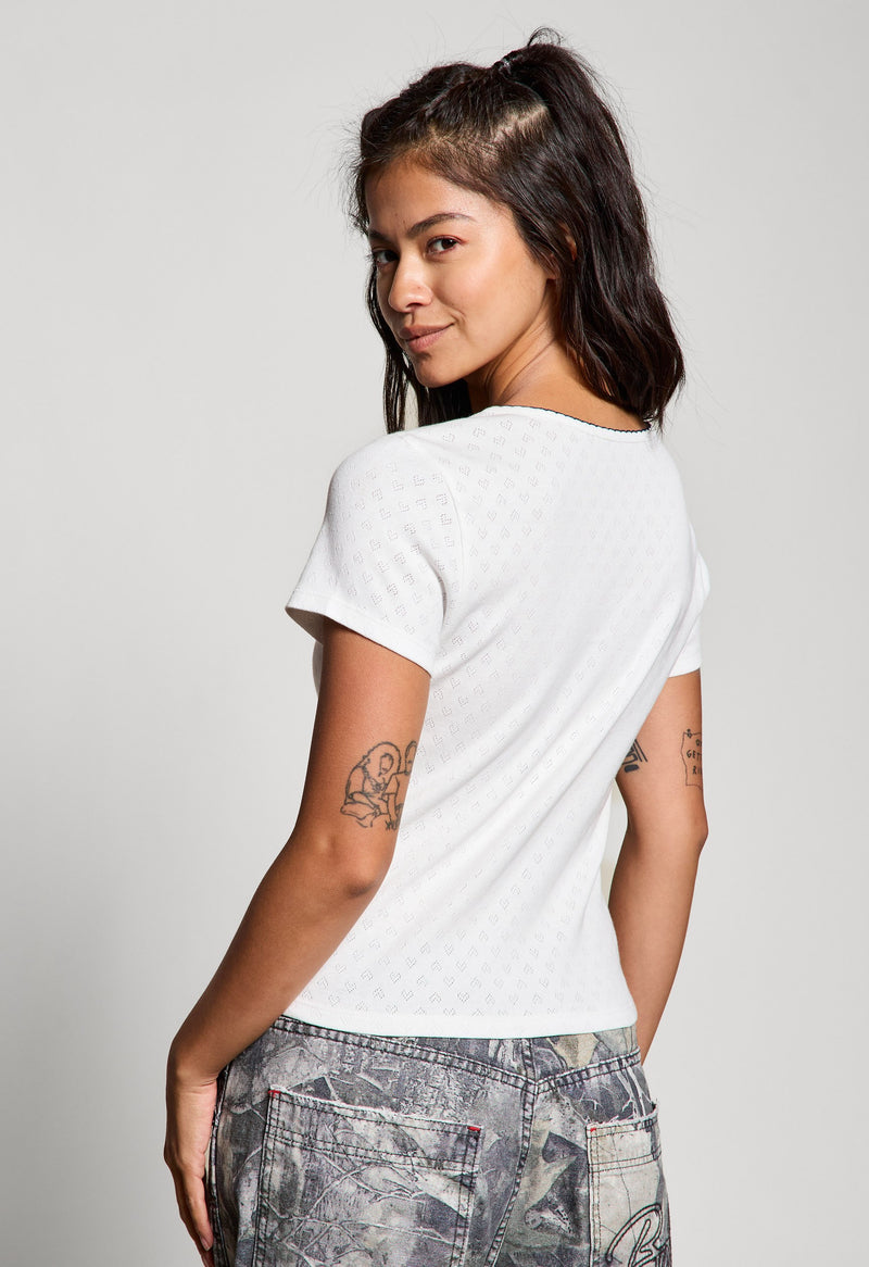 Blue Bow Embroidered Pointelle Top, Off White