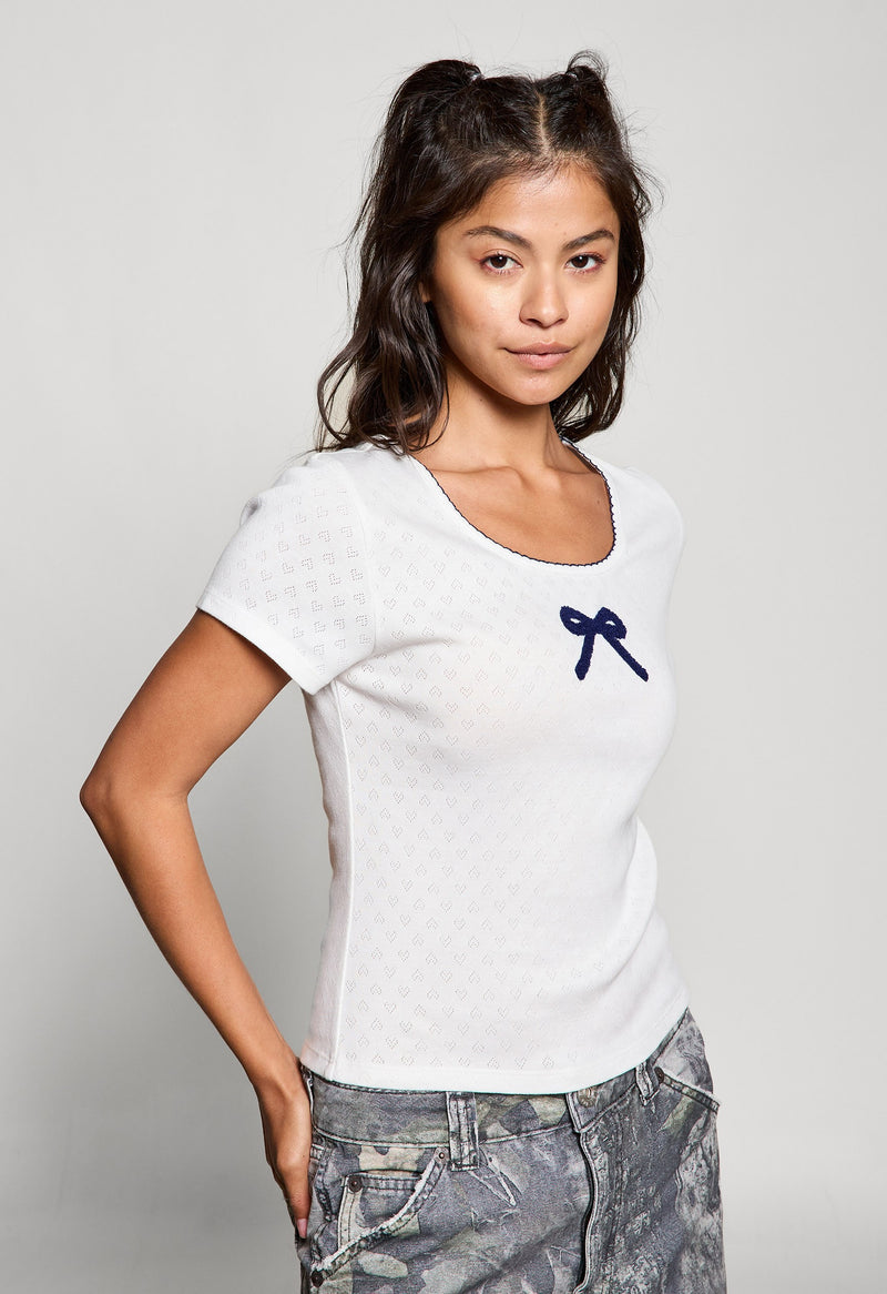 Blue Bow Embroidered Pointelle Top, Off White
