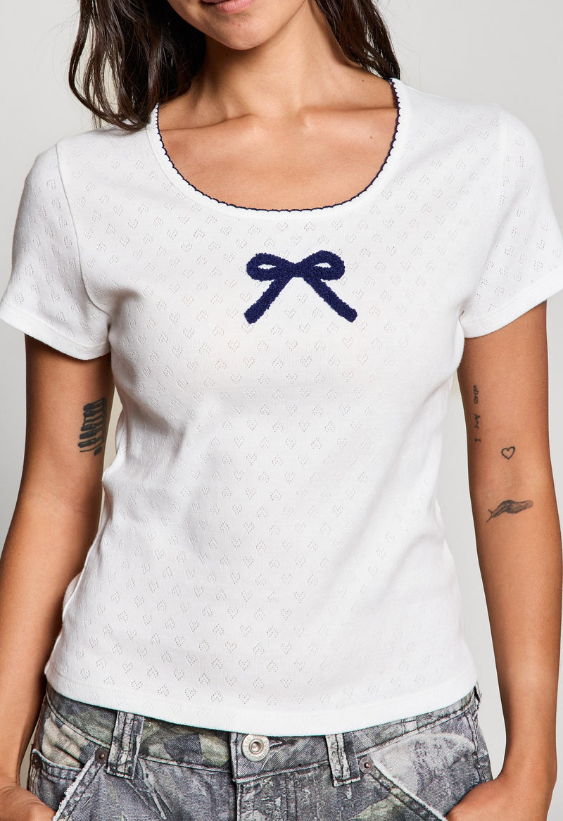 Blue Bow Embroidered Pointelle Top, Off White