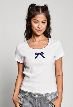Blue Bow Embroidered Pointelle Top, Off White