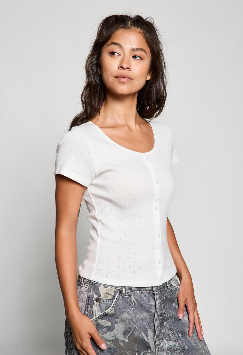 Georgia Faux Button Pointelle Top, Off White