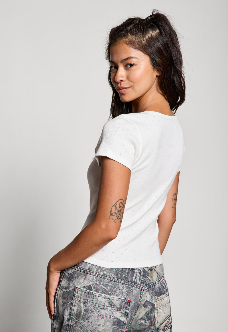 Georgia Faux Button Pointelle Top, Off White