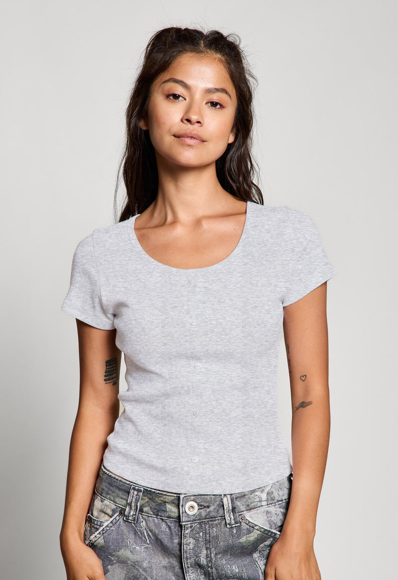 Georgia Faux Button Pointelle Top, Light Heather Grey