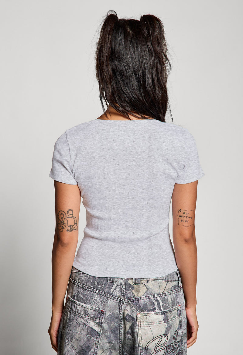 Georgia Faux Button Pointelle Top, Light Heather Grey