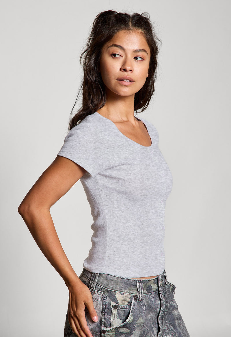 Georgia Faux Button Pointelle Top, Light Heather Grey
