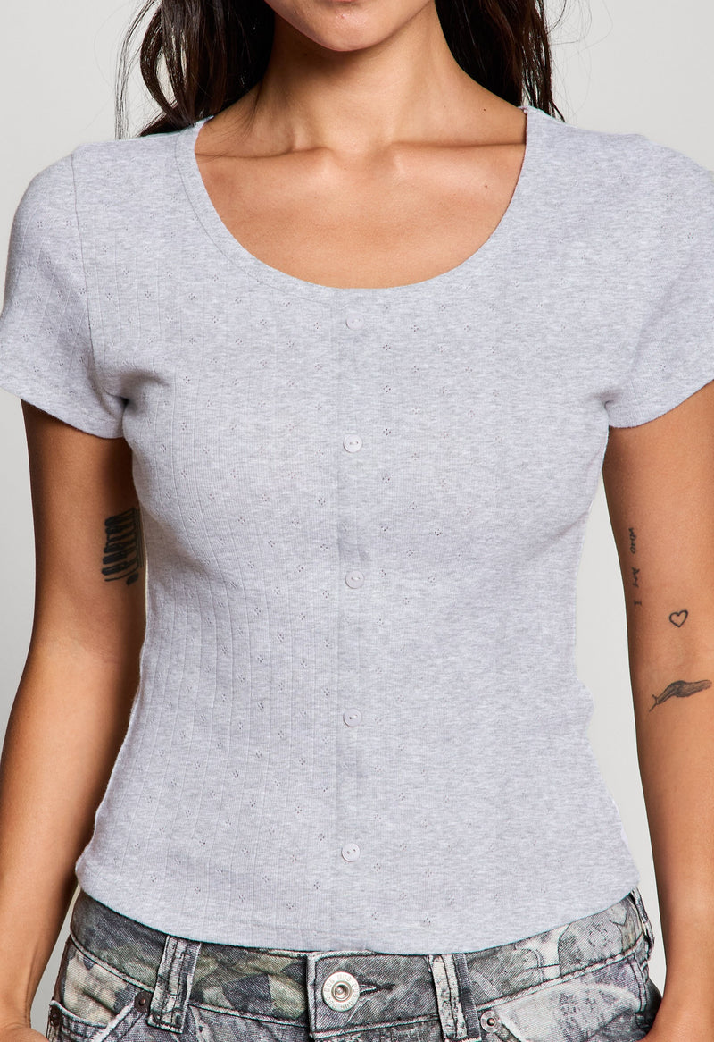Georgia Faux Button Pointelle Top, Light Heather Grey