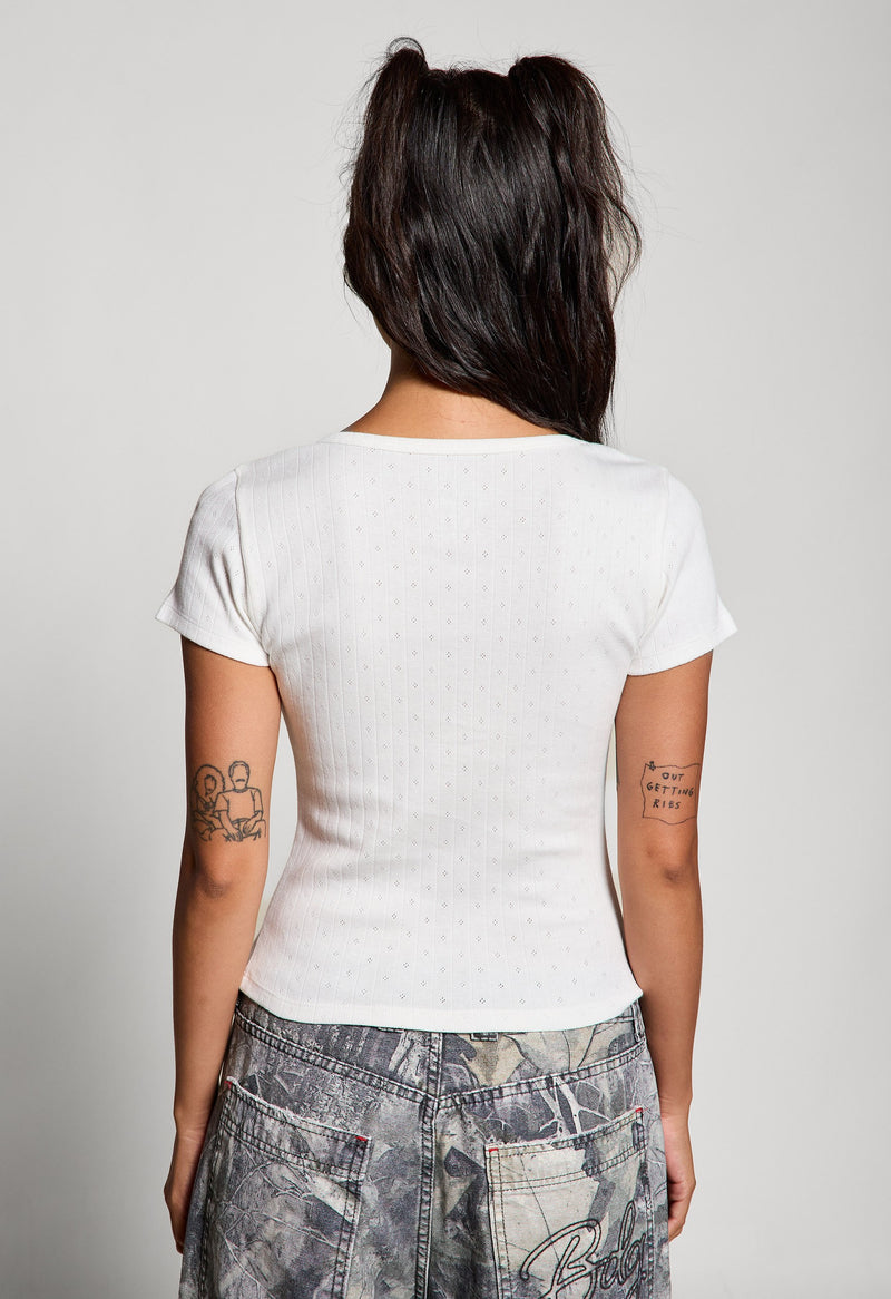 Georgia Faux Button Pointelle Top, Off White