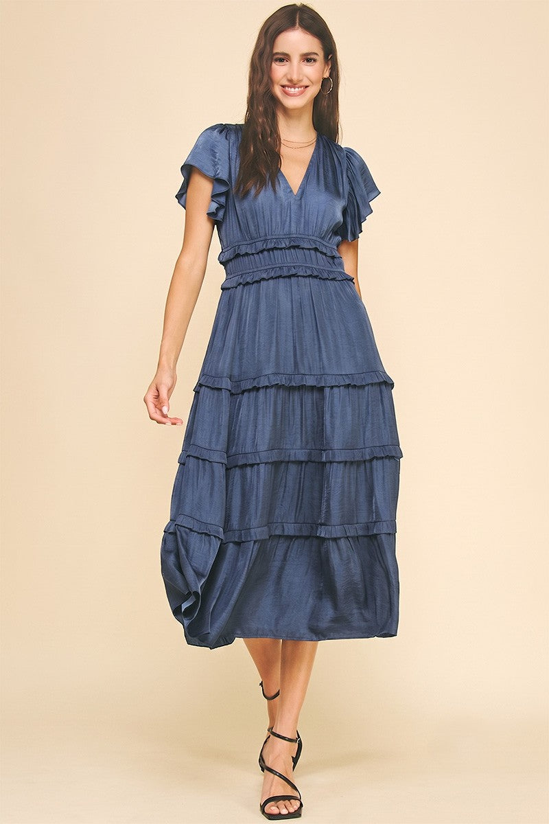 Rowan Satin Midi Dress, Dusty Blue