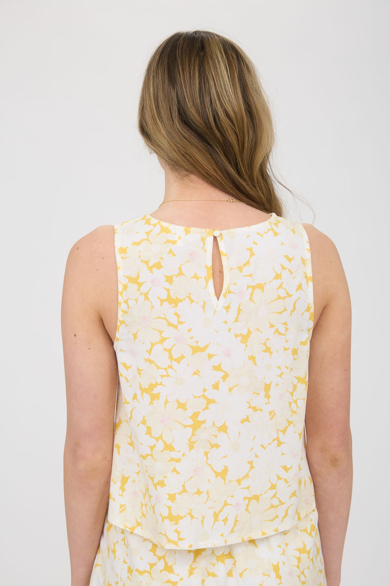 Daisy Floral Sleeveless Linen Blouse, Mustard Multi