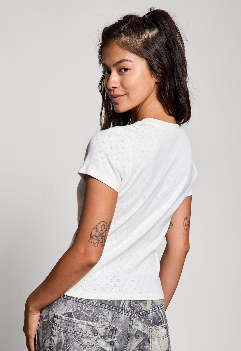 Georgia Faux Button Pointelle Top, Off White