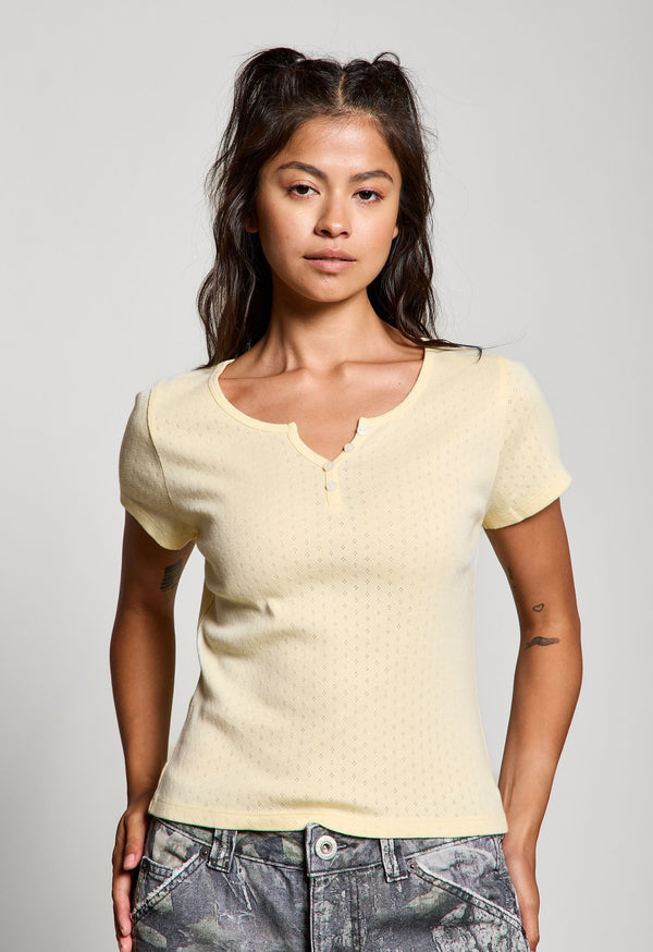 Julia Pointelle Knit Henley Top, Butter