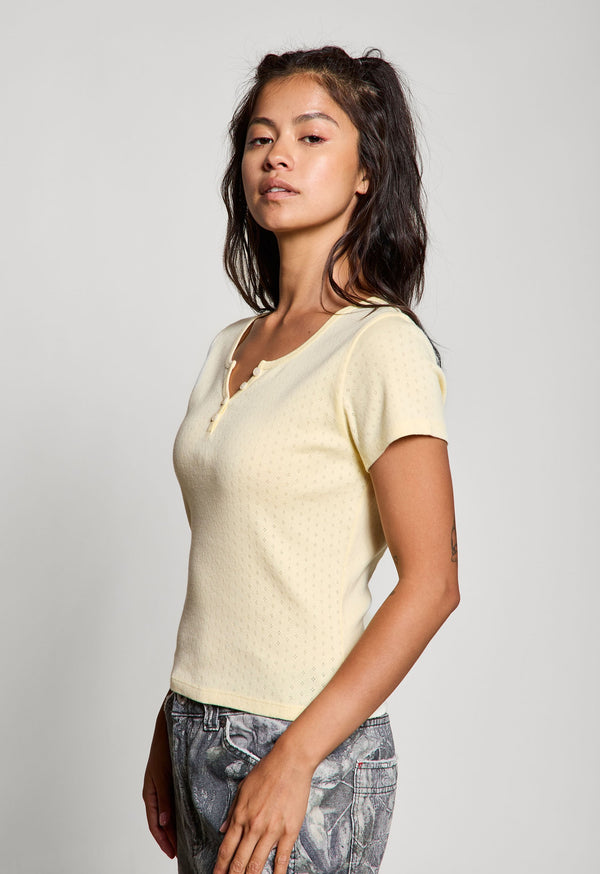 Julia Pointelle Knit Henley Top, Butter