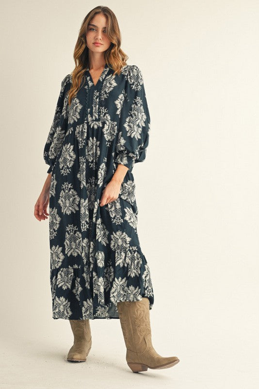Cecilia Boho Floral Midi Dress, Navy