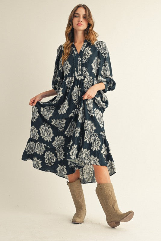 Cecilia Boho Floral Midi Dress, Navy