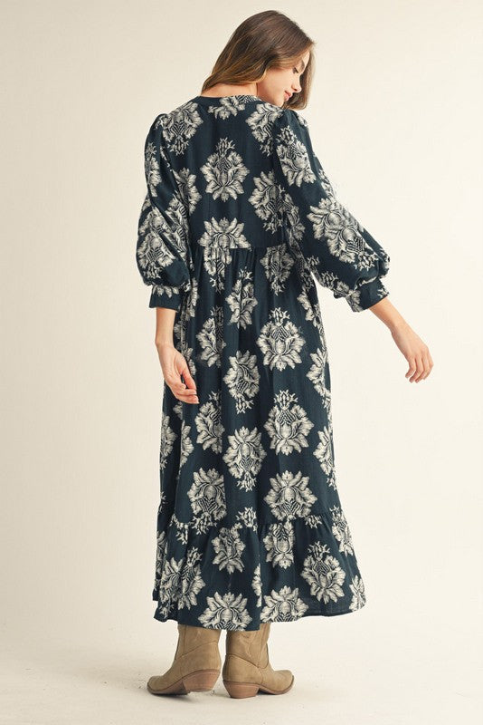 Cecilia Boho Floral Midi Dress, Navy