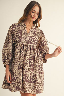 Lyanna Boho Floral Peasant Dress, Brown