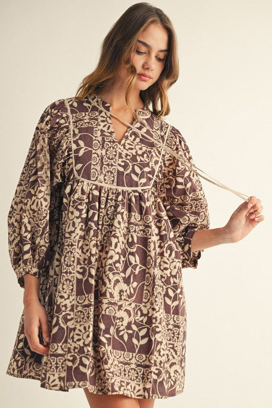 Lyanna Boho Floral Peasant Dress, Brown