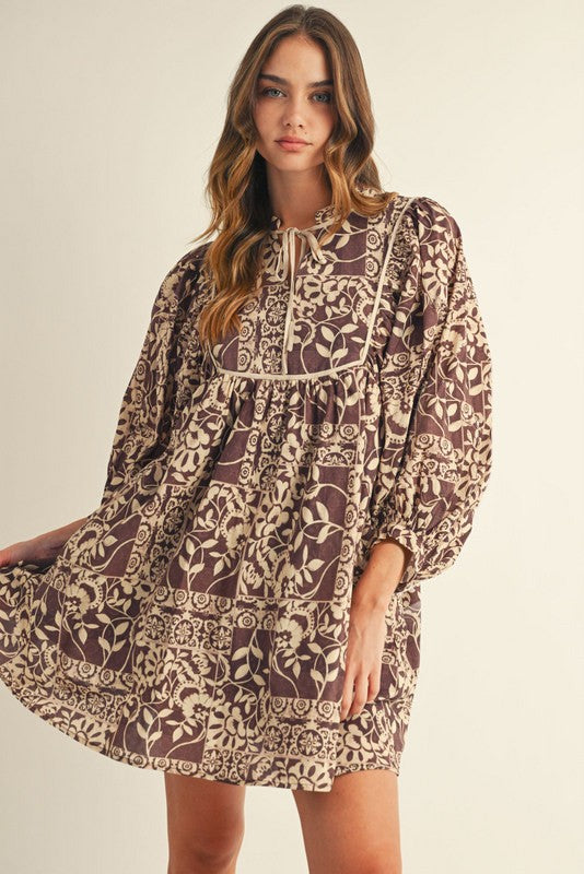 Lyanna Boho Floral Peasant Dress, Brown