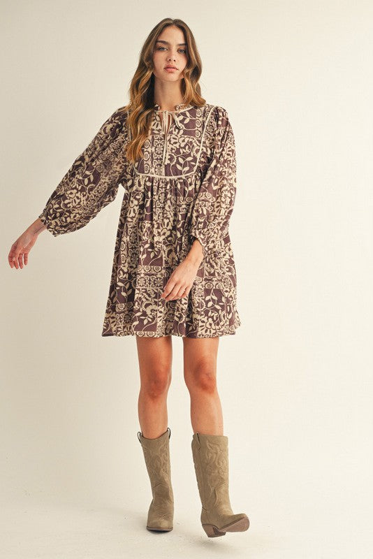 Lyanna Boho Floral Peasant Dress, Brown