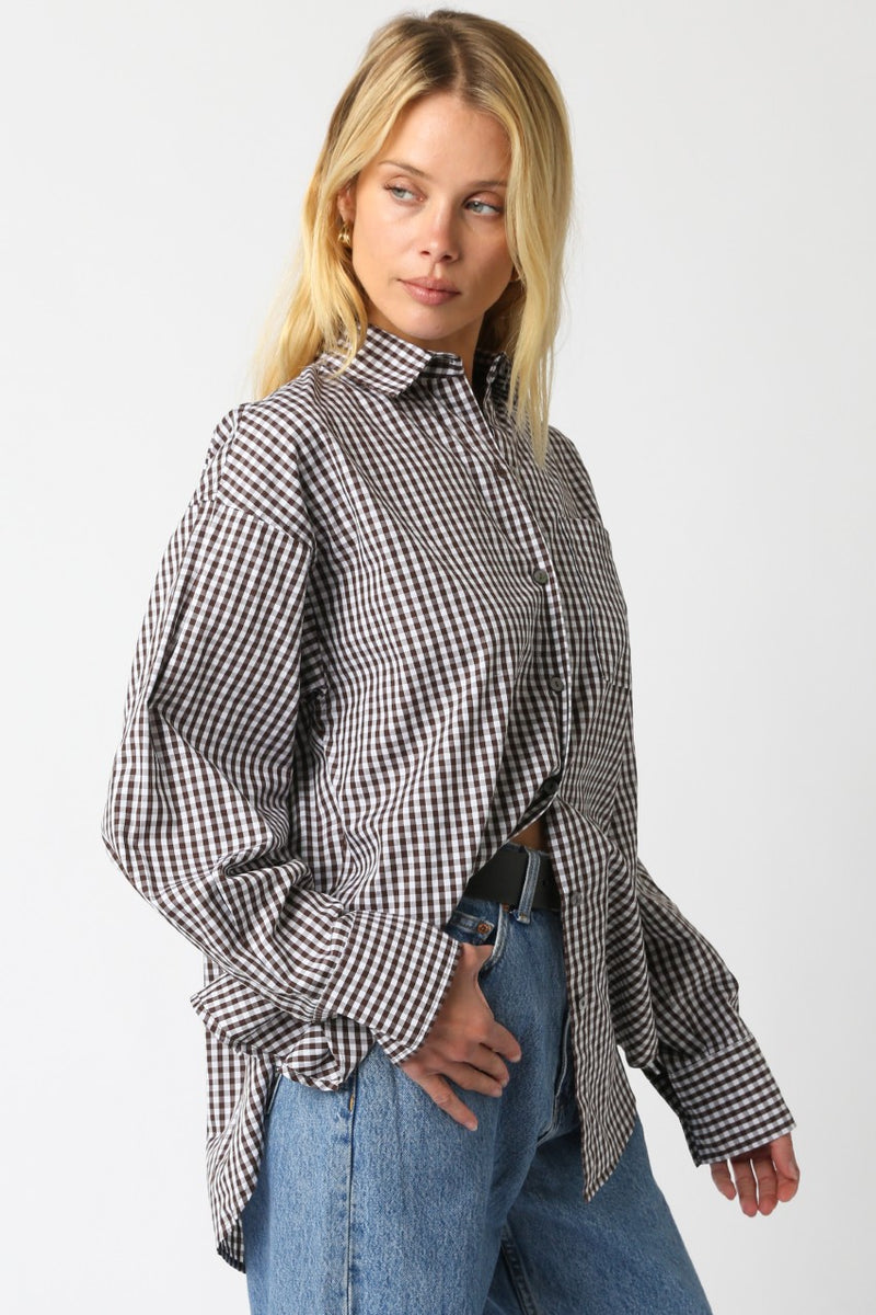 Nikka Checkered Button Down Shirt, Brown
