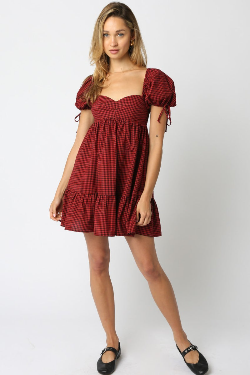 Francine Sweetheart Neck Checkered Dress, Black Red