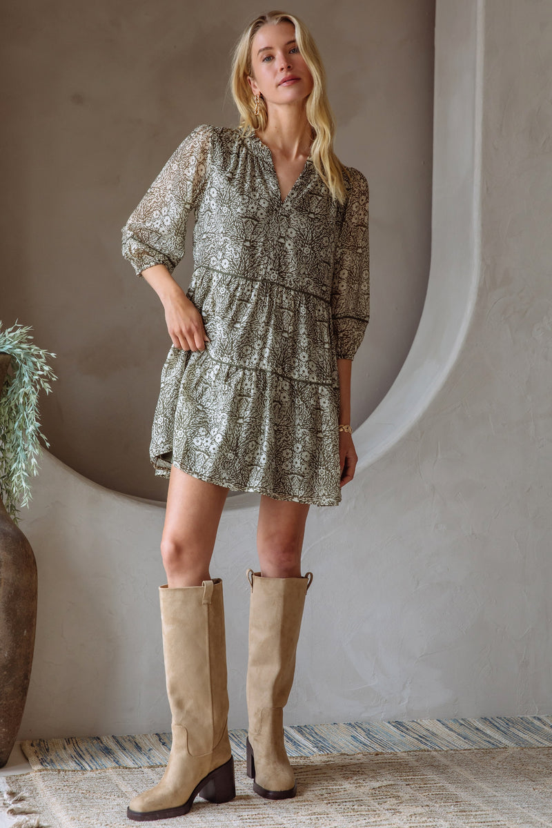 Leila Three Quarter Sleeve Printed Dress, Olive-Cream