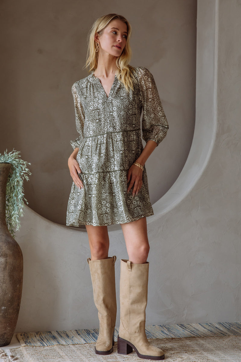 Leila Three Quarter Sleeve Printed Dress, Olive-Cream