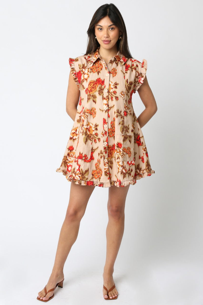 Lucy Floral Ruffled Button Down Dress, Taupe Red