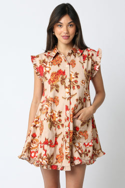 Lucy Floral Ruffled Button Down Dress, Taupe Red