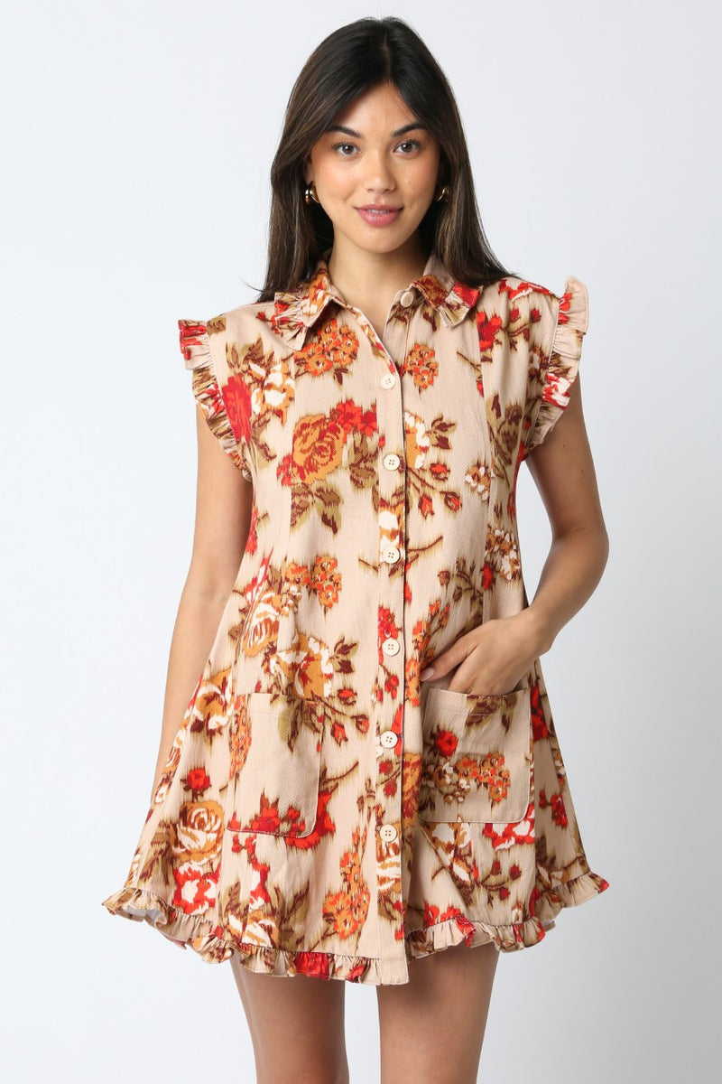 Lucy Floral Ruffled Button Down Dress, Taupe Red