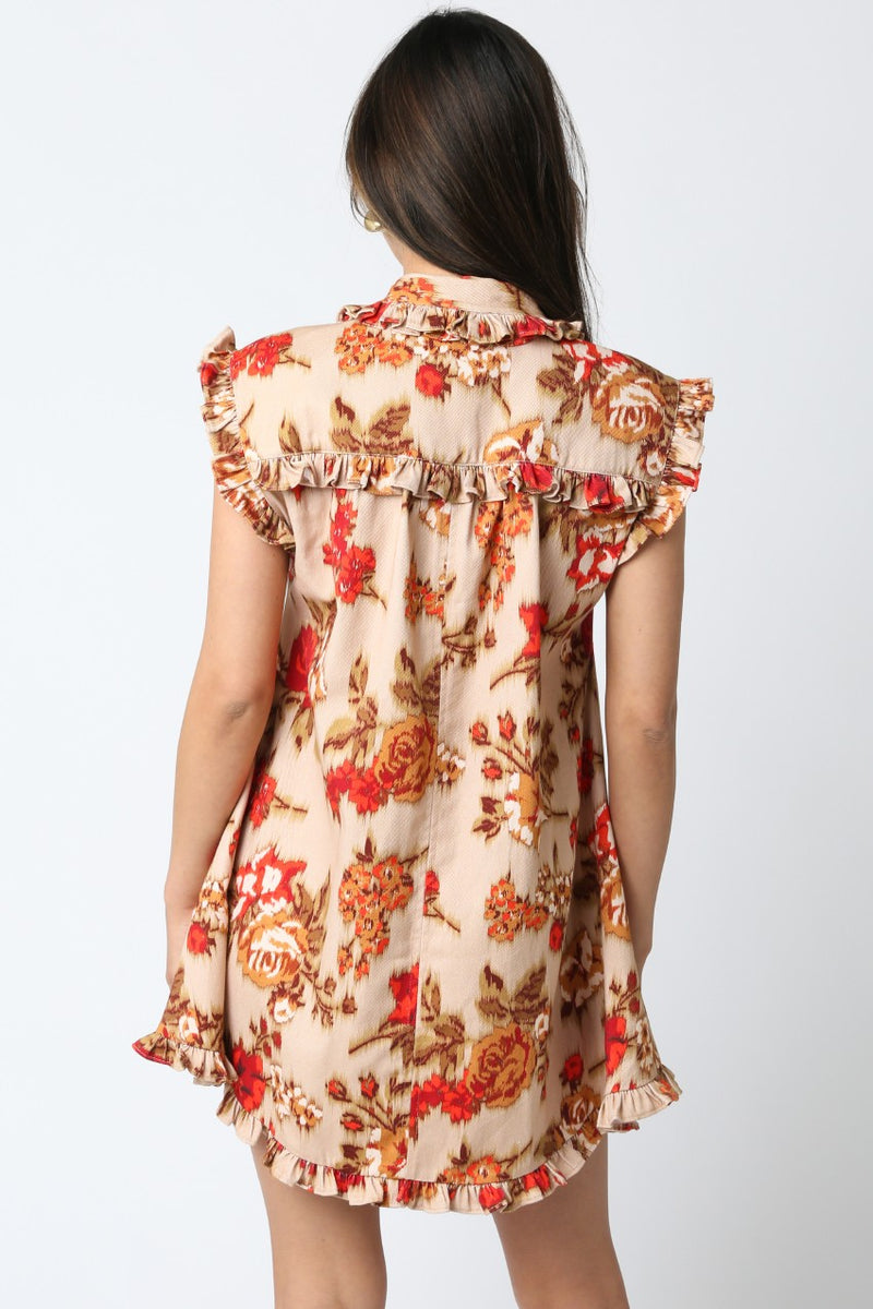 Lucy Floral Ruffled Button Down Dress, Taupe Red