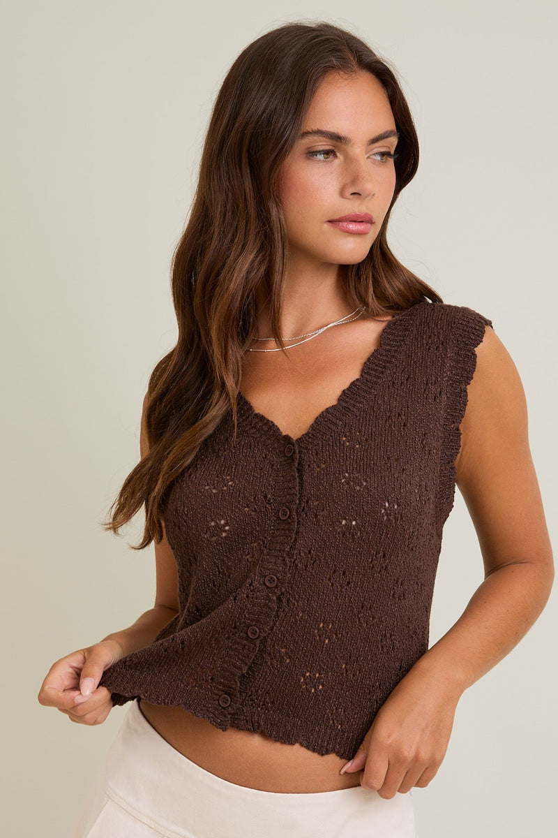 Fable Scallop Edge Sweater Vest, Dark Brown