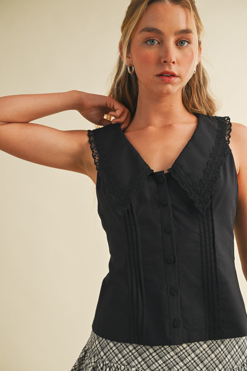 Lydia V-Neck Collared Top, Black
