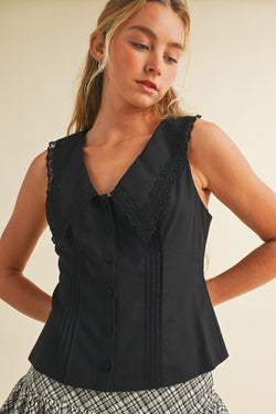 Lydia V-Neck Collared Top, Black