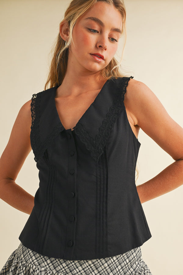 Lydia V-Neck Collared Top, Black