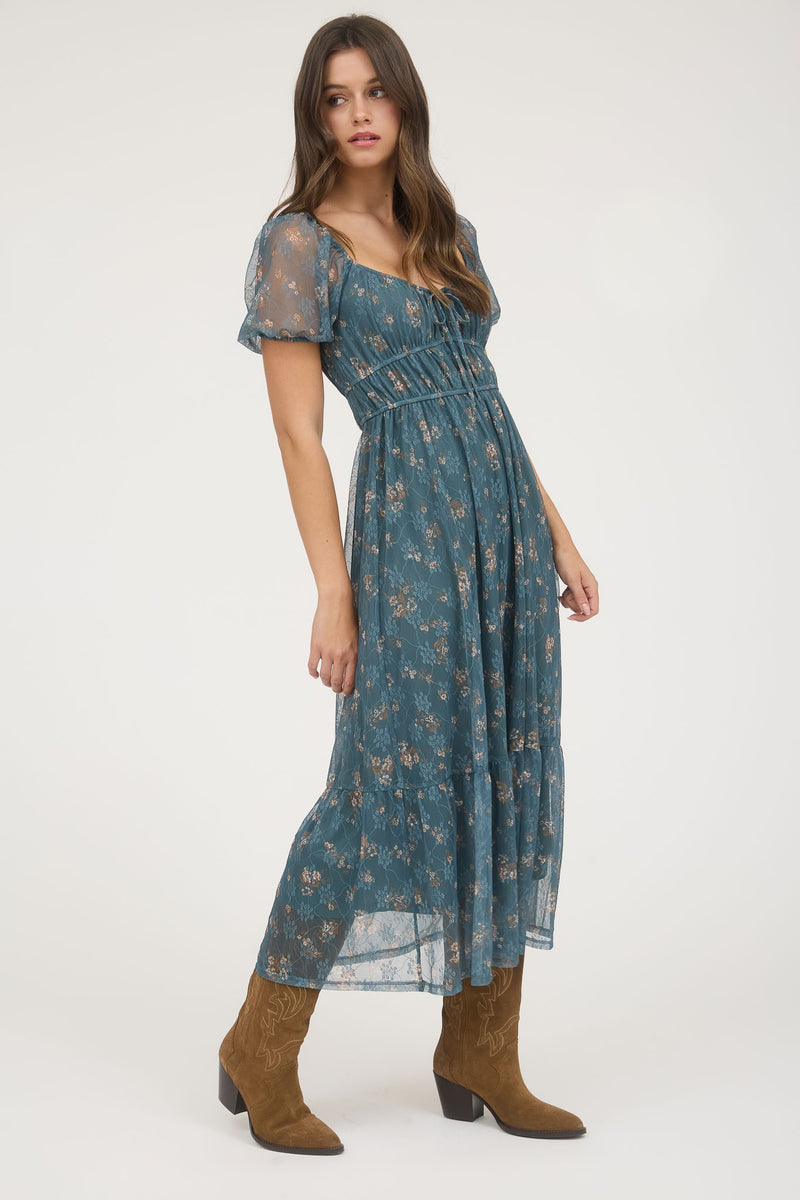 Madeline Floral Puff Sleeve Dress, Moss Green Multi