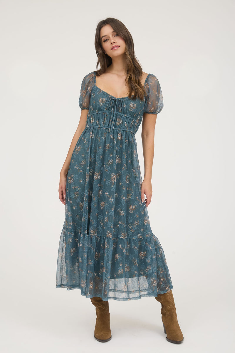 Madeline Floral Puff Sleeve Dress, Moss Green Multi