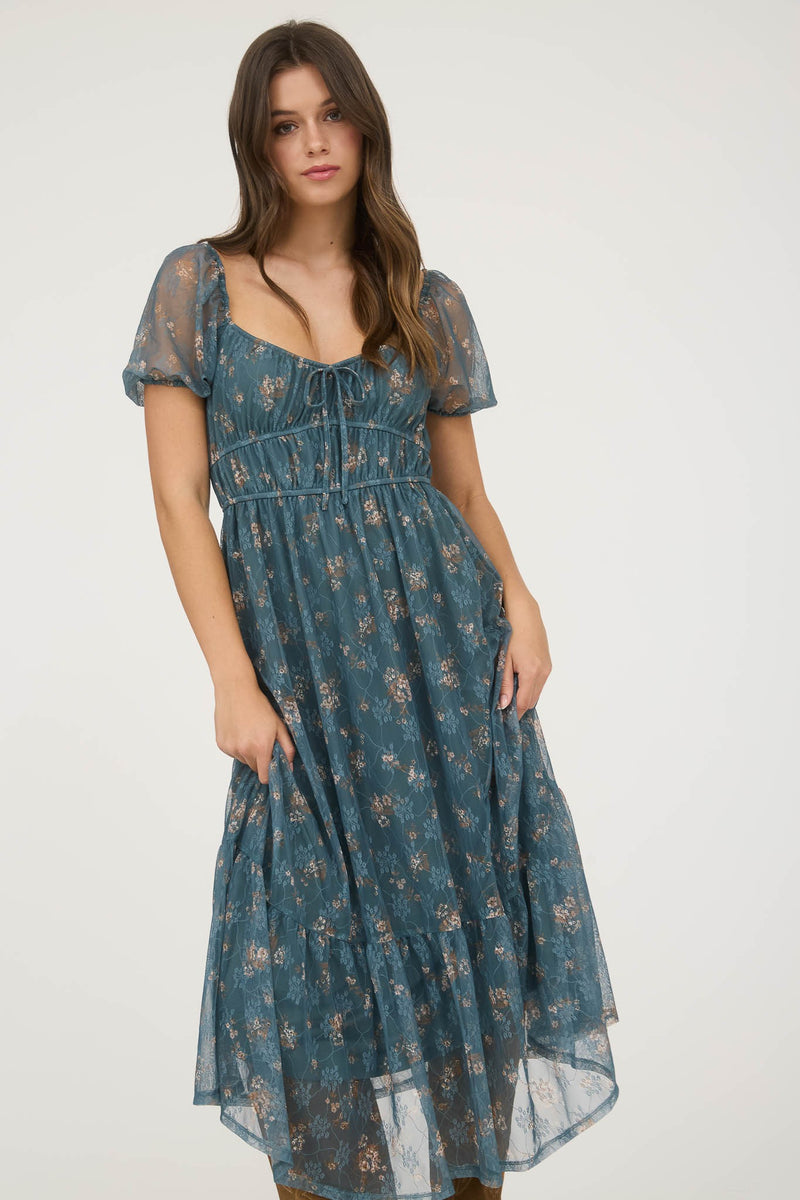 Madeline Floral Puff Sleeve Dress, Moss Green Multi