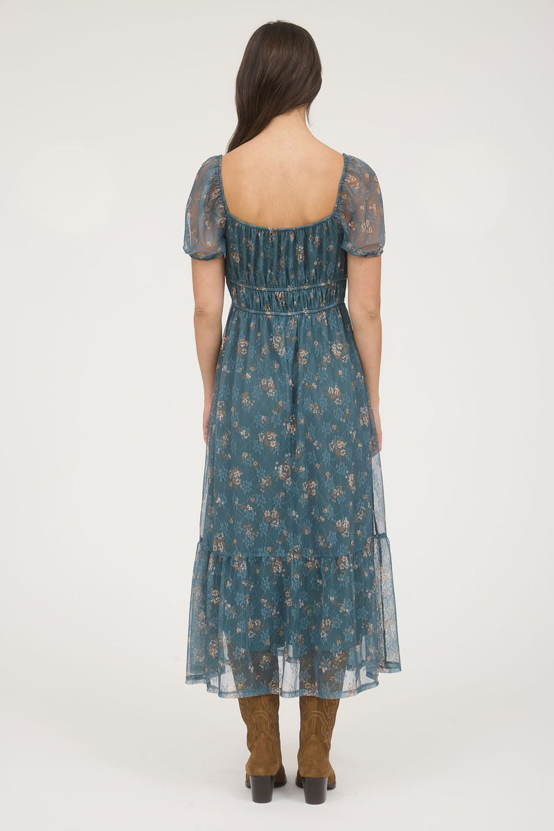 Madeline Floral Puff Sleeve Dress, Moss Green Multi