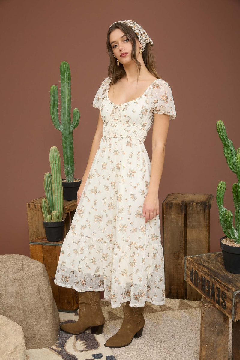 Madeline Floral Puff Sleeve Dress, Cream Multi