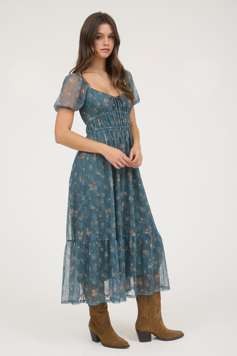 Madeline Floral Puff Sleeve Dress, Moss Green Multi