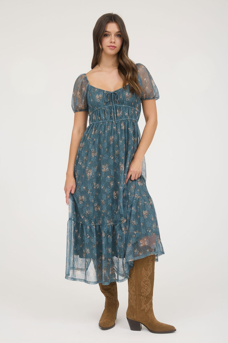 Madeline Floral Puff Sleeve Dress, Moss Green Multi