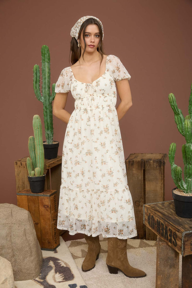 Madeline Floral Puff Sleeve Dress, Cream Multi