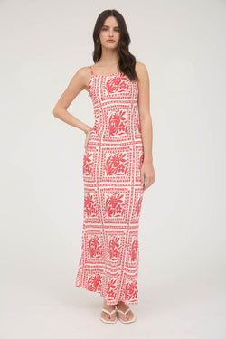 Kiara Floral Tile Print Midi Dress, Red