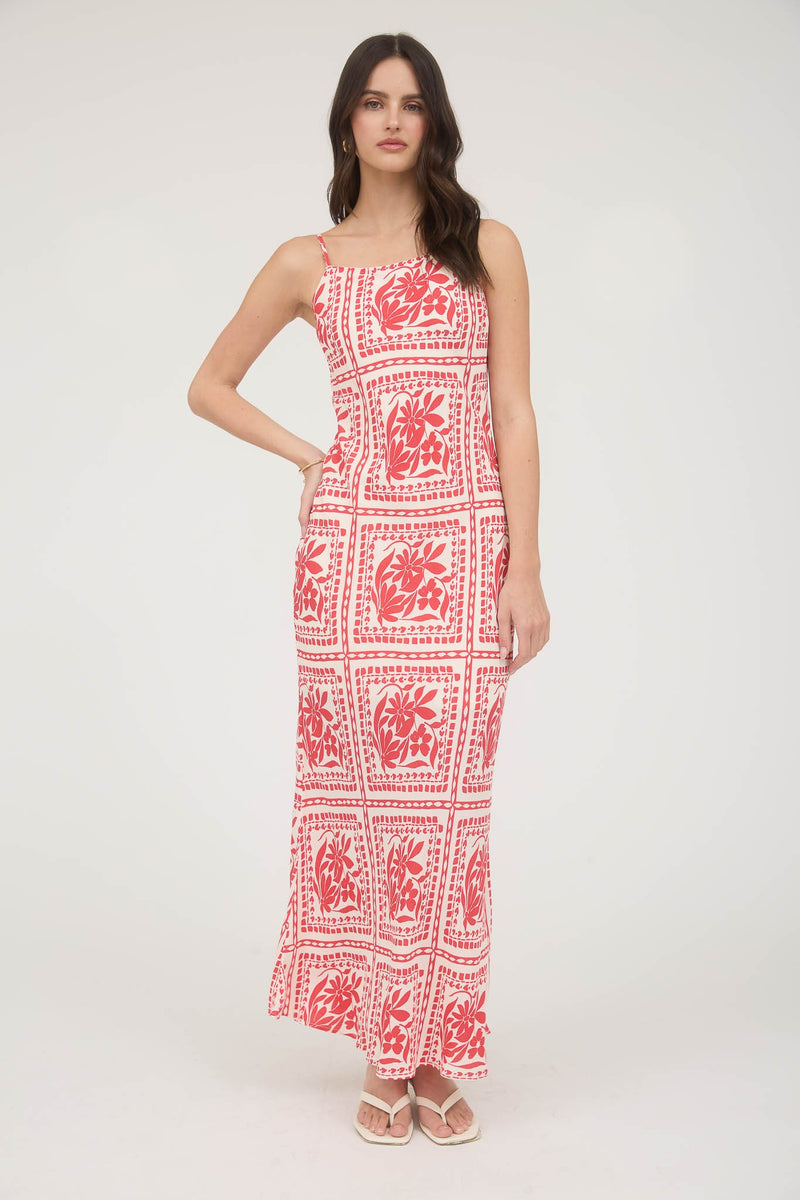 Kiara Floral Tile Print Midi Dress, Red