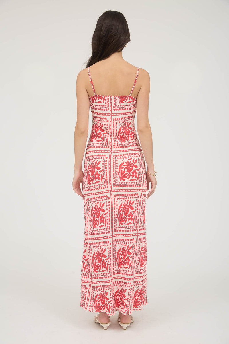 Kiara Floral Tile Print Midi Dress, Red